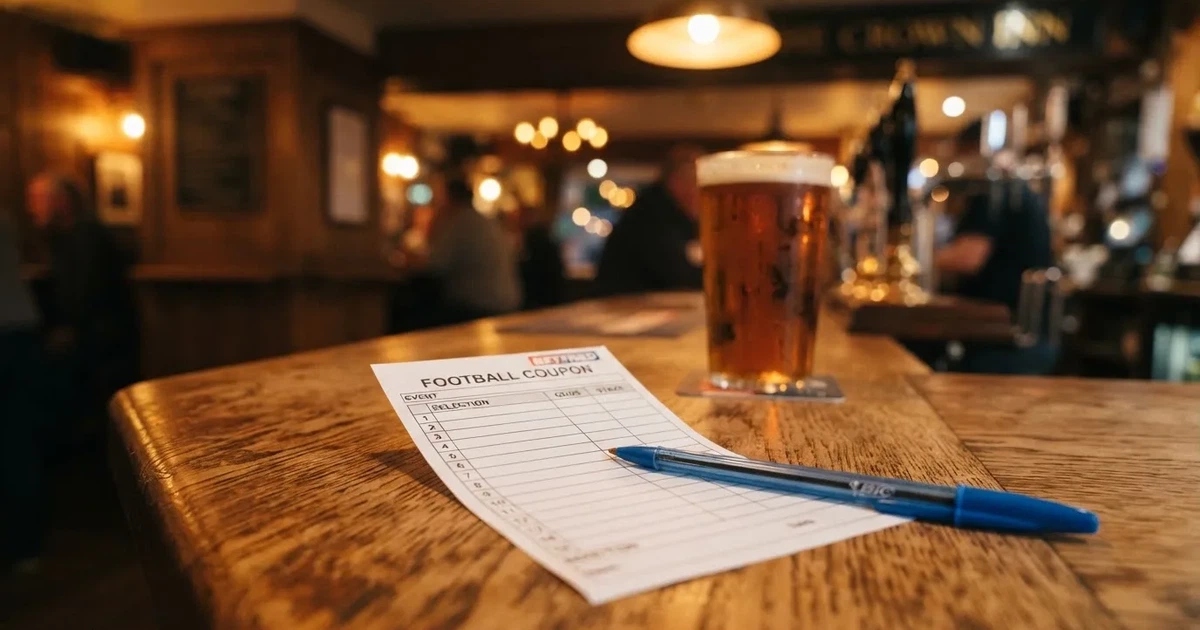 A blank paper betting slip beside a pen on a wooden counter