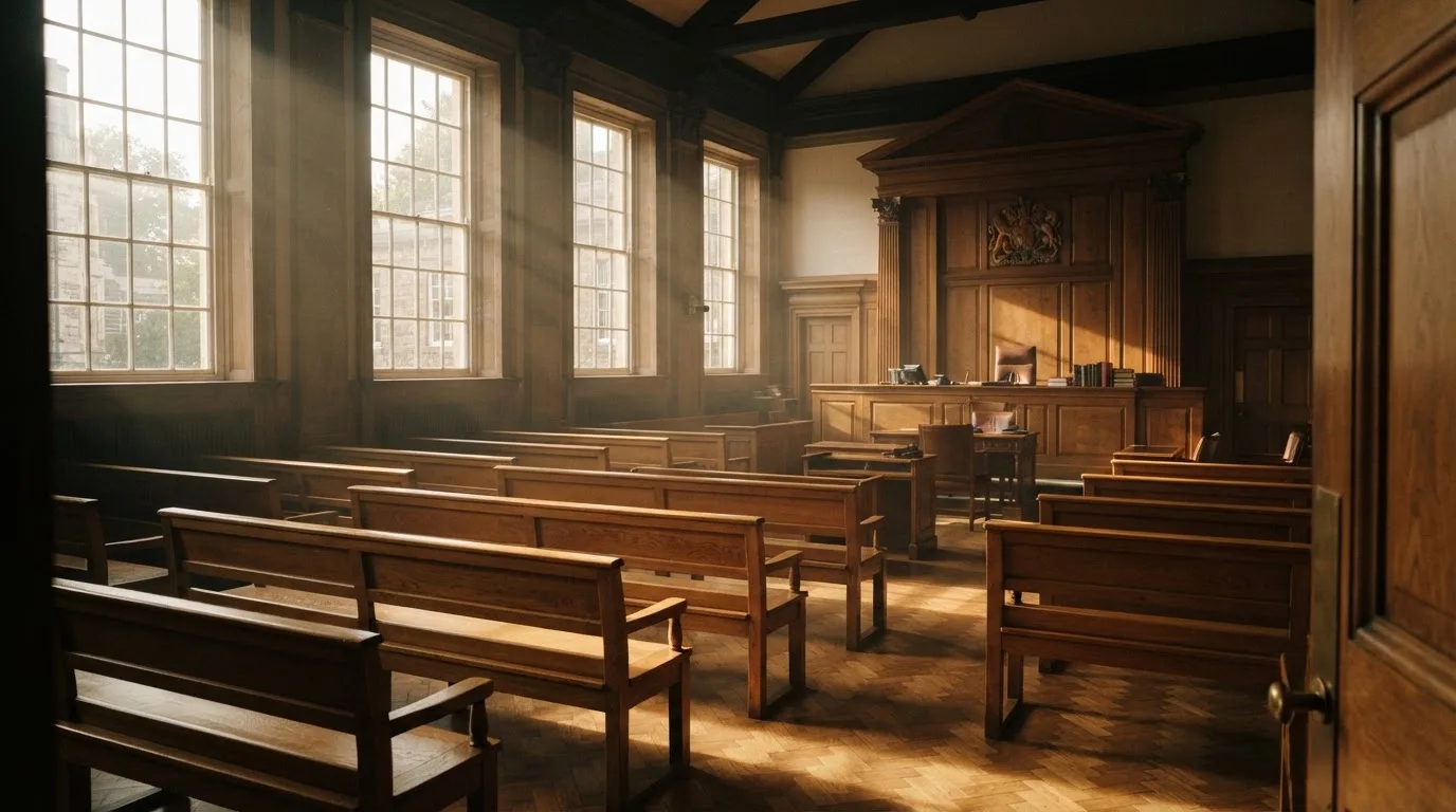 An empty courtroom with wooden benches in morning light